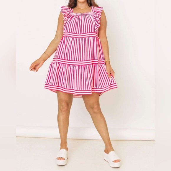 entro Dresses & Skirts - Entro Magenta Striped Ruffle Sleeve Tiered Mini Dress, Size M, NWT